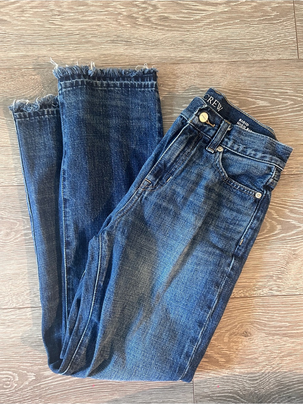 J. Crew Dark Blue High-Rise Straight Crop Jeans with Frayed Hem